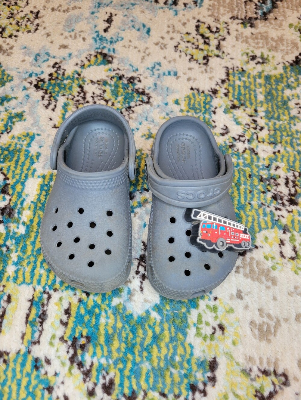 Crocs Grey With Firetruck Jibbitz Charm, Size Toddler 7